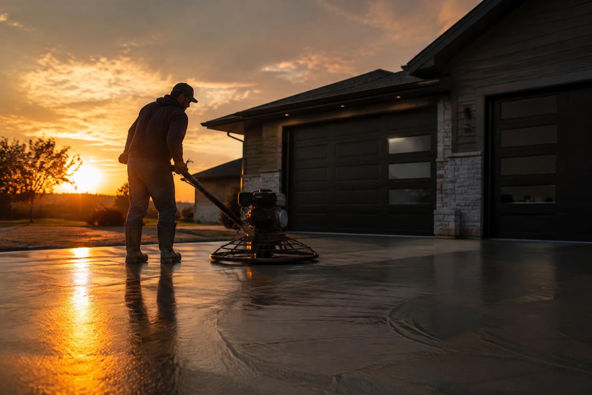 Contractor power-troweling a freshly poured residential concrete driveway