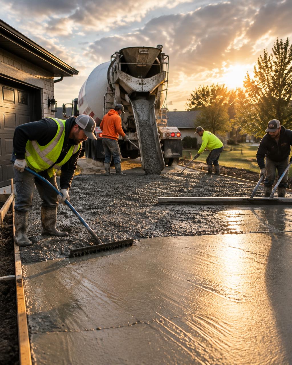 Crew pouring and screeding a residential concrete driveway