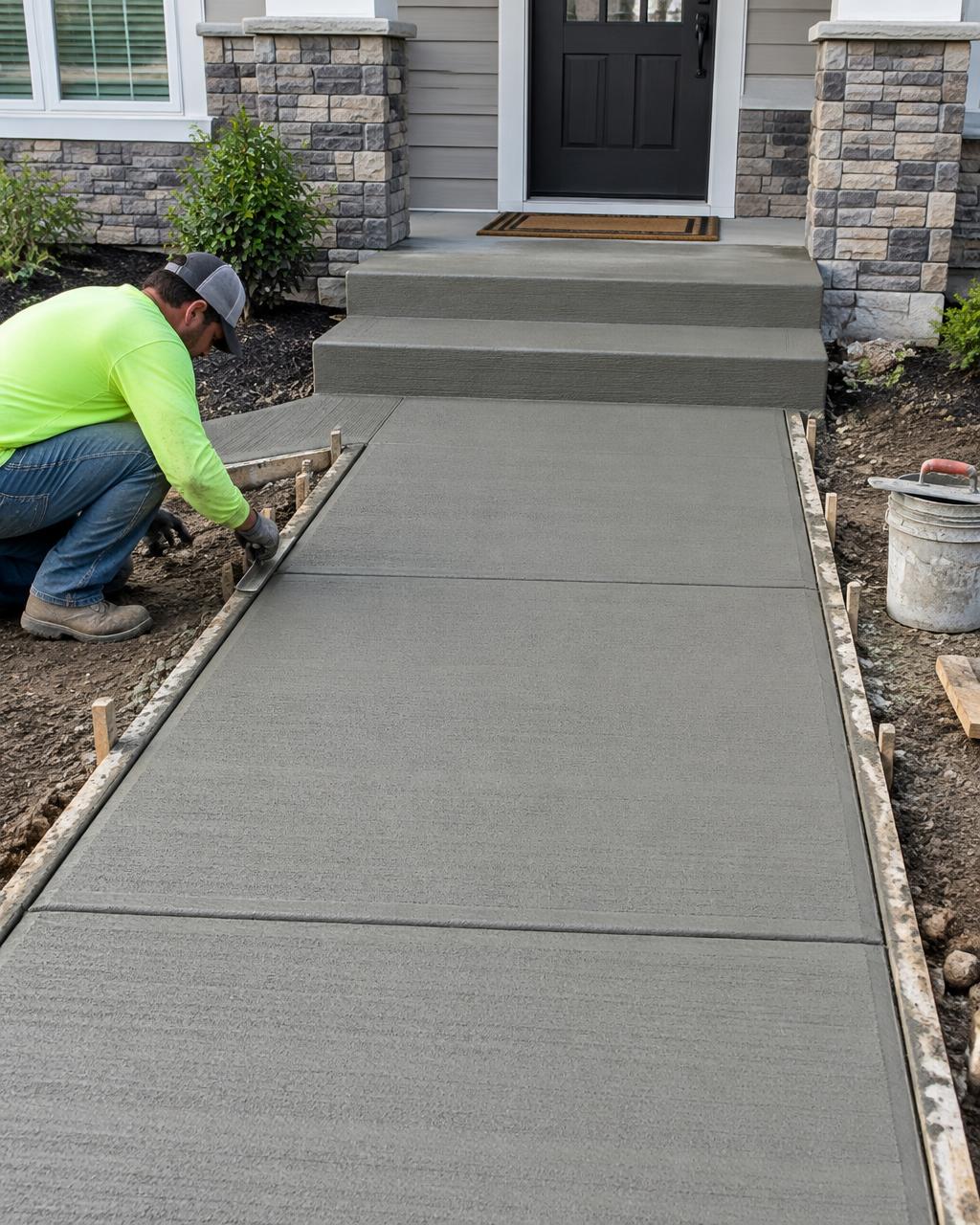 Freshly poured concrete sidewalk and front steps being finished