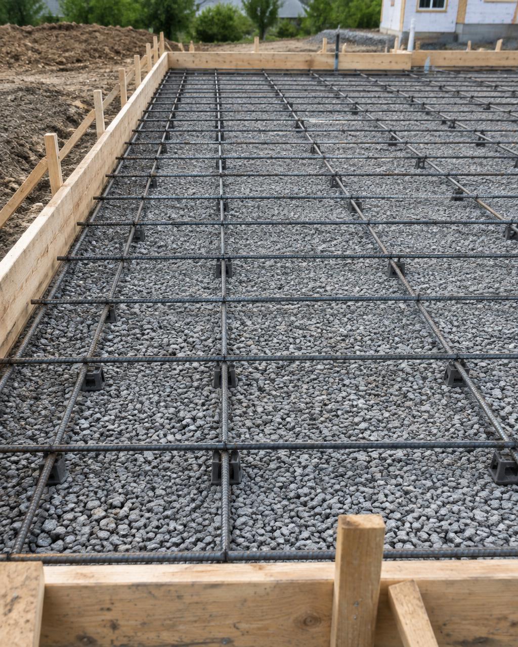 Rebar grid set over compacted gravel base inside foundation forms