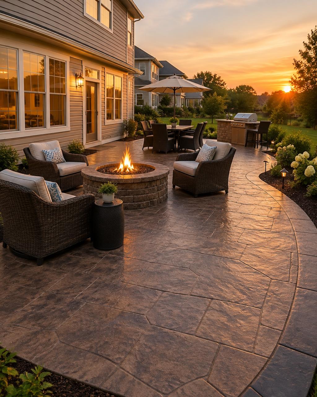 Finished stamped concrete patio with fire pit behind a home